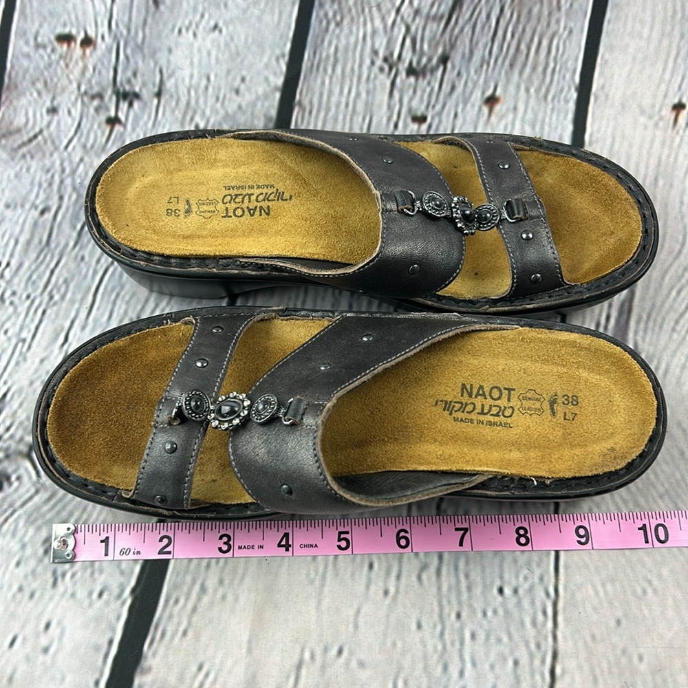 NAOT Deep Metallic Pewter Leather Jeweled Open Toe Slip On Low Wedge Sandals - Picture 7 of 17